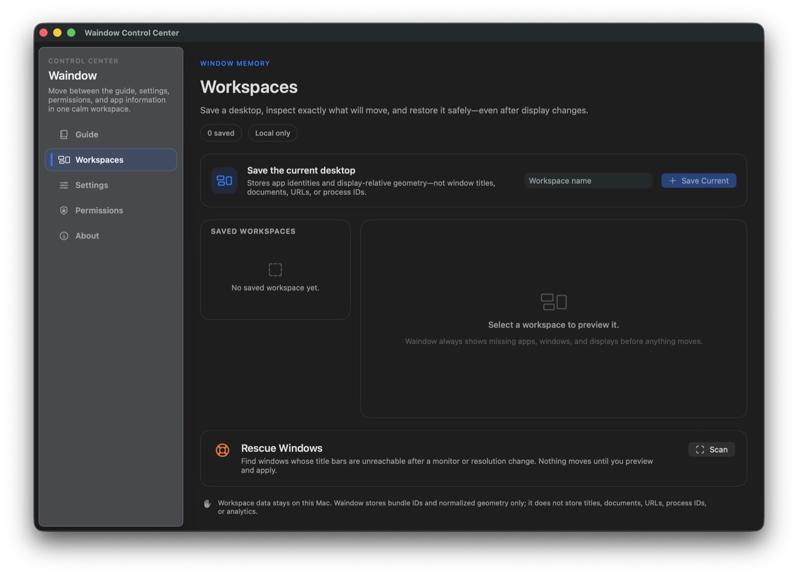 Actual Waindow Workspaces screen showing save, preview, restore, and Rescue Windows